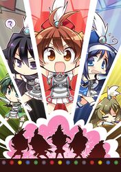  >:d >:| 5girls :< :d =_= ? \o/ alternate_costume antenna_hair aqua_eyes arms_up black_hair blue_eyes blue_hair boots brown_eyes brown_hair chibi flying_sweatdrops futaba_aoi_(vividred_operation) gloves hair_ornament hairband hairclip hat hat_feather isshiki_akane knee_boots komowata_haruka kuroki_rei lineup multiple_girls open_mouth outstretched_arms palette_suit pose saegusa_wakaba scarf scrunchie shinomiya_himawari silhouette smile sweatdrop triangle_mouth violet_eyes vividred_operation wavy_mouth 