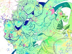  2boys belt caesar_anthonio_zeppeli colorful fingerless_gloves gloves highres jojo_no_kimyou_na_bouken joseph_joestar_(young) midriff miya_(trustyou0902) multiple_boys rough scarf star 