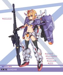  1girl absurdres alice_margatroid aqua_eyes armor beam_rifle bikini_armor black_gloves black_legwear black_panties blonde_hair breasts character_name ex-s_gundam fingerless_gloves gloves gun gundam gundam_sentinel gyakushuu_no_hoshiumi highres huge_weapon jpeg_artifacts mecha_musume midriff namesake navel panties skindentation solo thigh-highs touhou underboob underwear weapon 