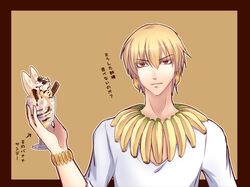  1boy banana blonde_hair earrings fate/zero fate_(series) food fruit gilgamesh jewelry necklace parfait red_eyes sakurazero solo translation_request 