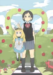  :< animal_ears black_eyes black_hair blonde_hair blue_eyes blush bush flower hairband jewelry kneehighs loafers mushroom necklace original pocket_watch poripori_(popocox) rabbit_ears ribbon rose school_uniform shoes short_hair skirt stump sweater_vest watch 