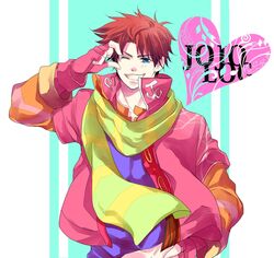  1boy blue_eyes fingerless_gloves gloves hysn jacket jojo_no_kimyou_na_bouken joseph_joestar_(young) red_jacket redhead scarf solo wink 
