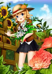  1girl blonde_hair blue_eyes flower hat highres original short_hair skirt sky smile solo sunflower takotsu thighs 