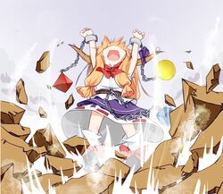  1girl arms_up chain highres horns ibuki_suika long_hair open_mouth plhsxf smile solo touhou 