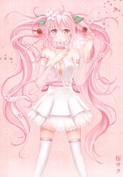  1girl breasts character_name cherry choker cleavage detached_sleeves dress flower food fruit hair_flower hair_ornament hand_on_own_chest hatsune_miku highres long_hair minamixdrops mouth_hold petals pink_eyes pink_hair sakura_miku see-through solo thigh-highs twintails very_long_hair vocaloid 