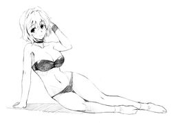  1girl arm_support bikini byeontae_jagga highres monochrome on_side saigyouji_yuyuko short_hair socks swimsuit touhou 