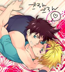  2boys blonde_hair blue_eyes brown_hair caesar_anthonio_zeppeli danemaru facial_mark feathers green_eyes headband heart hug jojo_no_kimyou_na_bouken joseph_joestar_(young) multiple_boys spoken_heart yaoi 