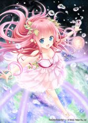  1girl akkijin anklet blue_eyes bracelet dress hair_ornament happy jewelry leaf long_hair original pink_hair solo water_drop 
