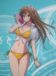  1girl bikini blue_eyes bottle brown_eyes brown_hair chuunibyou_demo_koi_ga_shitai! highres legs long_hair navel nibutani_shinka official_art scan side-tie_bikini smile solo swimsuit 