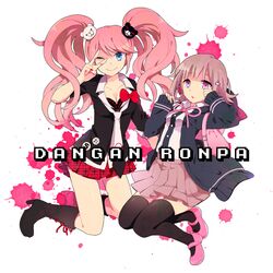  2girls backpack bag black_legwear blue_eyes dangan_ronpa enoshima_junko flipped_hair hair_ornament hairclip hoodie long_hair multiple_girls nail_polish nanami_chiaki necktie open_mouth pink_eyes pink_hair school_uniform skirt sleeves_rolled_up smile super_dangan_ronpa_2 thigh-highs torinotori29 twintails v 