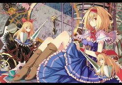  1girl absurdres adapted_costume alice_margatroid antlers ball bandage_over_one_eye bandages blonde_hair boots breasts capelet chain cleavage clock dress gears hairband highres letterboxed red_eyes ribbon shanghai_doll skull suisai. touhou 