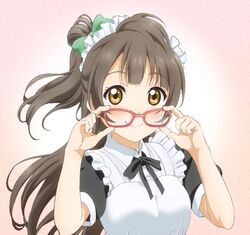  1girl adjusting_glasses bespectacled blush brown_hair glasses long_hair love_live!_school_idol_project maid maid_headdress minami_kotori smile solo yellow_eyes 