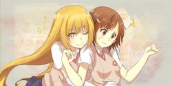  +_+ 2girls blonde_hair brown_eyes brown_hair gloves long_hair misaka_mikoto multiple_girls school_uniform shokuhou_misaki short_hair to_aru_kagaku_no_railgun to_aru_majutsu_no_index wink yellow_eyes 