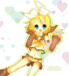  1girl blonde_hair blush colored green_eyes highres ilias_niconico kagamine_rin open_mouth short_hair smile solo vocaloid 