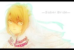  1girl absurdres ahoge blonde_hair bodysuit chain fate/extra_ccc fate_(series) flower green_eyes highres letterboxed romsen2222 saber_bride saber_extra solo veil 