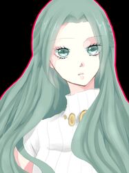  1girl bangs black_background bust eyelashes green_eyes green_hair higurashi_no_naku_koro_ni long_hair parted_bangs parted_lips sleeveless sleeveless_turtleneck solo sonozaki_shion turtleneck yaaaa_tii 