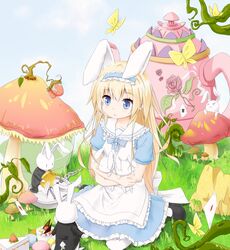  1girl absurdres alice_(wonderland) alice_in_wonderland animal_ears blonde_hair blue_eyes highres long_hair plhsxf rabbit rabbit_ears white_rabbit 