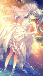  1girl barefoot blush dress earrings feet_in_water flower gloves green_eyes green_hair hair_flower hair_ornament highres jewelry long_hair necklace ohara_tometa sky smile soaking_feet solo sunset twintails veil water wedding_dress 