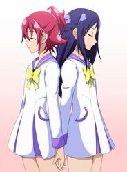  2girls aida_mana blue_eyes blue_hair dokidoki!_precure dress flipped_hair half_updo hishikawa_rikka holding_hands long_hair multiple_girls pink_eyes pink_hair precure ribbon school_uniform serafuku short_hair 