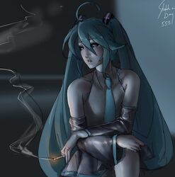  1girl ahoge aqua_hair bare_shoulders cigarette detached_sleeves eu03 hatsune_miku lips long_hair necktie night nose skirt smoke smoking solo twintails very_long_hair vocaloid 