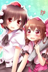 !? 2girls blush brown_hair hair_ribbon hat himekaidou_hatate long_hair multiple_girls red_eyes ribbon sanotsuki shameimaru_aya short_hair tokin_hat touhou twintails 