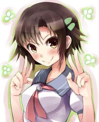  1girl ariaridoradora blush brown_hair highres masaki_nonoka photokano short_hair smile solo yellow_eyes 