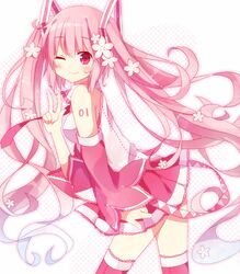 1girl detached_sleeves flower hair_flower hair_ornament hatsune_miku long_hair necktie pink_eyes pink_hair ranka224 sakura_miku skirt smile solo thigh-highs twintails v very_long_hair vocaloid wink 