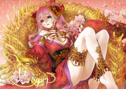  1girl anklet barefoot bracelet dragon flower green_eyes hair_ornament japanese_clothes jewelry kimono legs lips long_hair original pink_hair solo yuzu_5101 