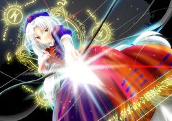  1girl aiming_at_viewer bow_(weapon) dress glowing glowing_eyes grin hat long_hair magic_circle nurse_cap silver_hair smile solo touhou weapon yagokoro_eirin yellow_eyes 
