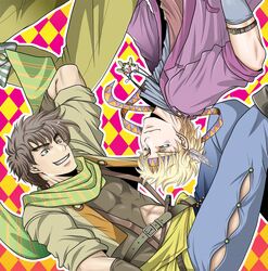  abs blonde_hair brown_hair caesar_anthonio_zeppeli facial_mark green_jacket grin headband jacket jewelry jojo_no_kimyou_na_bouken joseph_joestar_(young) necklace orika_rin purple_jacket scarf smile 