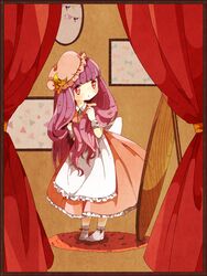  1girl alternate_costume border crescent curtains dress hair_ribbon hat lelut long_hair patchouli_knowledge purple_hair ribbon solo touhou violet_eyes wrist_cuffs 