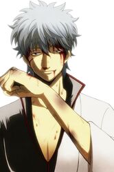  1boy blood blood_on_face bruise gintama grey_hair injury japanese_clothes sakata_gintoki silver_hair smile solo uo_(687413) 