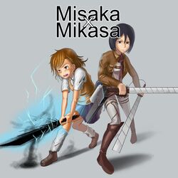  belt black_eyes black_hair boots brown_eyes brown_hair dual_wielding highres jacket mikasa_ackerman misaka_mikoto pun scarf school_uniform shingeki_no_kyojin short_hair skirt sweater_vest sword thigh_strap to_aru_kagaku_no_railgun to_aru_majutsu_no_index weapon 