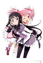  2girls absurdres akemi_homura black_hair hairband highres kaname_madoka magical_girl mahou_shoujo_madoka_magica multiple_girls official_art pantyhose pink_eyes pink_hair short_hair short_twintails twintails violet_eyes wink 