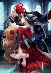  1boy 1girl bare_shoulders blonde_hair cape dancing dress fang feathers long_hair long_sleeves mask original red_eyes short_hair suda_ayaka vampire 
