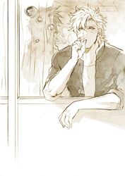  2boys atsuyu bubble caesar_anthonio_zeppeli casual contemporary facial_mark jojo_no_kimyou_na_bouken joseph_joestar_(young) mixed_media monochrome multiple_boys school_uniform silhouette traditional_media watercolor_(medium) window 