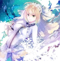  1girl 362207_(artist) ahoge belt blonde_hair bodysuit breasts bridal_veil chain fate/extra_ccc fate_(series) flower green_eyes lock padlock saber_bride saber_extra solo veil zipper 