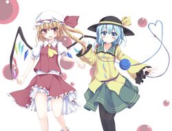  2girls ascot black_legwear blonde_hair blush breasts crystal east01_06 eyeball flandre_scarlet green_eyes green_hair hat hat_ribbon heart heart_of_string komeiji_koishi multiple_girls open_mouth pantyhose puffy_sleeves red_eyes ribbon short_hair side_ponytail skirt smile third_eye touhou vest wide_sleeves wings 