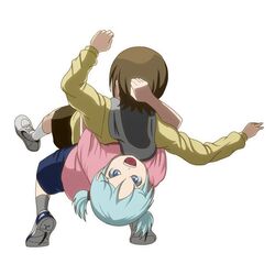  2girls aioi_yuuko blue_eyes blue_hair brown_hair multiple_girls naganohara_mio nichijou open_mouth short_hair short_twintails takahirokun twintails white_background 