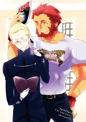  2boys beard bespectaled blonde_hair blue_eyes book facial_hair fate/zero fate_(series) jeans kayneth_archibald_el-melloi multiple_boys nogi_(acclima) red_eyes redhead rider_(fate/zero) t-shirt 