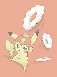  blush_stickers character_request cosplay no_humans oda_takashi open_mouth pikachu pokemon rockman simple_background solo 
