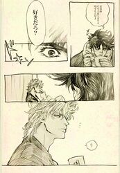  caesar_anthonio_zeppeli chachacha00 comic contemporary drinking facial_mark graphite_(medium) jojo_no_kimyou_na_bouken joseph_joestar_(young) traditional_media translation_request 