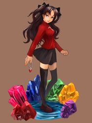  1girl blue_eyes brown_hair crystal fate/stay_night fate_(series) gem jewelry long_hair necklace s07091 solo thigh-highs toosaka_rin two_side_up 