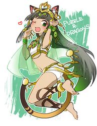  animal_ears ankle_lace-up armband barefoot bastet_(p&amp;d) cat_ears cat_tail circlet cross-laced_footwear dark_skin earrings egyptian fang green_eyes jewelry kashi-k long_hair midriff navel open_mouth paw_pose puzzle_&amp;_dragons tail very_long_hair wink wristband 