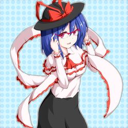  1girl bespectacled blue_hair glasses hat highres krace looking_at_viewer nagae_iku smile solo touhou 