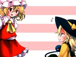 2girls ascot blonde_hair blouse eye_contact flandre_scarlet green_eyes hat hat_ribbon komeiji_koishi long_hair looking_at_another mob_cap multiple_girls open_mouth pointy_ears red_eyes ribbon short_hair skirt skirt_set striped striped_background tears third_eye touhou yuka_yukiusa 