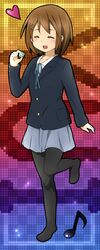  1girl blush brown_hair character_name closed_eyes flat_chest heart highres hirasawa_yui k-on! musical_note open_mouth pantyhose school_uniform short_hair skirt smile solo xxxcustardxxx 