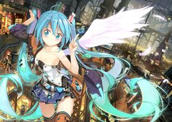  aqua_eyes aqua_hair beek breasts city cleavage hatsune_miku highres kagamine_len kagamine_rin kaito long_hair megurine_luka meiko necktie tattoo thigh-highs twintails wings 