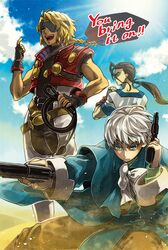  3boys bartholomew_fatima beach billy_lee_black black_hair braid dual_wielding eyepatch fei_fong_wong gun kuniomi multiple_boys ponytail silver_hair single_braid weapon whip xenogears 