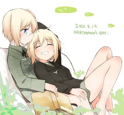  2girls barefoot blonde_hair blue_eyes blush book erica_hartmann glasses heart military military_uniform multiple_girls sandwich_(artist) short_hair siblings sisters sitting sitting_on_lap sitting_on_person smile strike_witches twins uniform ursula_hartmann 